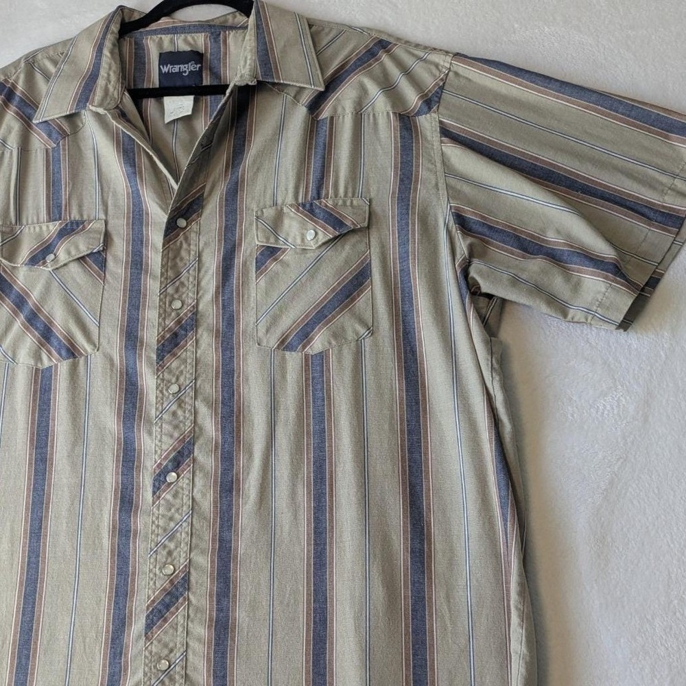 Wrangler Western Shirt Mens 18 Tall Tan Striped Pearl Snap Short Sleeve Vintage